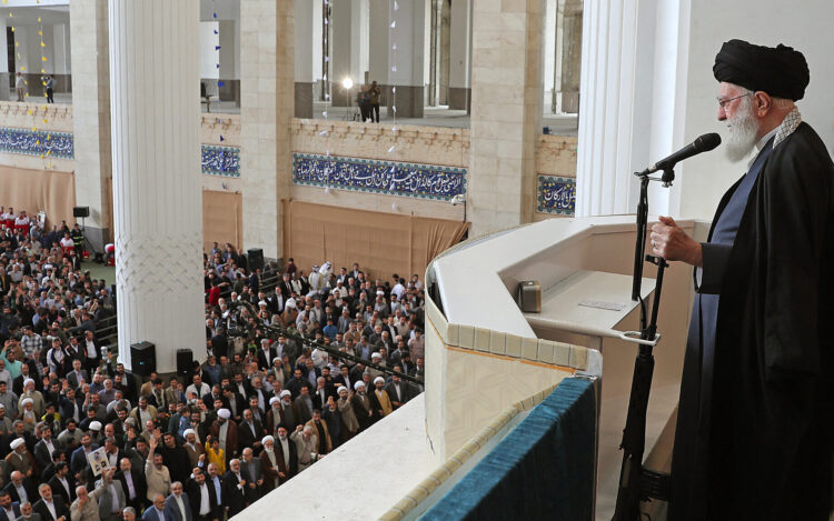 A handout picture provided by the Iranian supreme leader Ayatollah Ali Khamenei office shows him speaking during the Eid al-Fitr prayer ceremony in Tehran on April 10, 2024. (Photo by KHAMENEI.IR / AFP) / RESTRICTED TO EDITORIAL USE - MANDATORY CREDIT "AFP PHOTO / HO / KHAMENEI.IR" - NO MARKETING NO ADVERTISING CAMPAIGNS - DISTRIBUTED AS A SERVICE TO CLIENTS - RESTRICTED TO EDITORIAL USE - MANDATORY CREDIT "AFP PHOTO / HO / KHAMENEI.IR" - NO MARKETING NO ADVERTISING CAMPAIGNS - DISTRIBUTED AS A SERVICE TO CLIENTS /