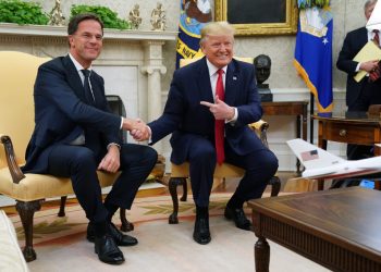 WASHINGTON, DC - JULY 18: U.S. President Donald Trump (R) and Dutch Prime Minister Mark Rutte pose for photographs after talking to reporters in the Oval Office at the White House July 18, 2019 in Washington, DC. According to the Dutch government, the two leaders will discuss defense and security cooperation, especially focused on whether the Netherlands will participate in a global effort to secure international waterways against threats from Iran. (Photo by Chip Somodevilla/Getty Images)