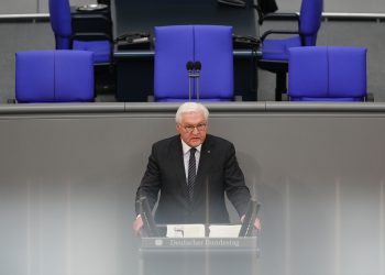 German President Frank-Walter Steinmeier speaks during the Bundestag ceremony marking the 80th anniversary of the end of the Second World War. Photo: Kay Nietfeld/dpa