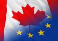 Canadian and European Union Relations Concept - Merged Flags of Canada and the EU 3D Illustration
