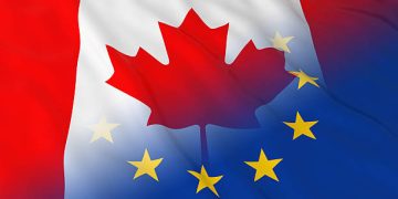 Canadian and European Union Relations Concept - Merged Flags of Canada and the EU 3D Illustration