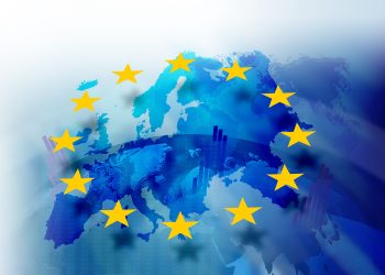 Background image with media screen Diagrams and graphs. In the background is the outline of the Union of Europe