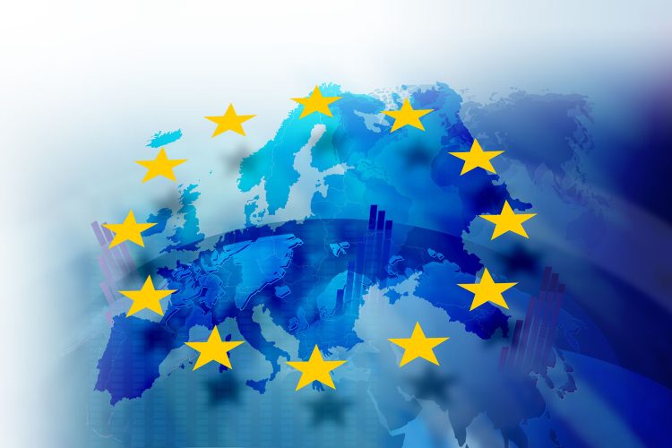 Background image with media screen Diagrams and graphs. In the background is the outline of the Union of Europe