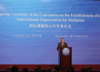 Swiss Federal Councillor Ignazio Cassis attends the signing ceremony of the convention on the establishment of the International Organization for Mediation, in Hong Kong, Friday 30 May, 2025. (AP Photo/Jonathan Lee)
