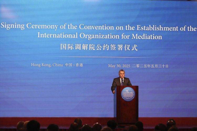 Swiss Federal Councillor Ignazio Cassis attends the signing ceremony of the convention on the establishment of the International Organization for Mediation, in Hong Kong, Friday 30 May, 2025. (AP Photo/Jonathan Lee)