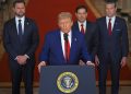 US President Donald Trump addresses the nation, alongside US Vice President JD Vance (L), US Secretary of State Marco Rubio (2nd R) and US Secretary of Defense Pete Hegseth (R), from the White House in Washington, DC on June 21, 2025, following the announcement that the US bombed nuclear sites in Iran. President Donald Trump said June 21, 2025 the US military has carried out a "very successful attack" on three Iranian nuclear sites, including the underground uranium enrichment facility at Fordo. "We have completed our very successful attack on the three Nuclear sites in Iran, including Fordow, Natanz, and Esfahan," Trump said in a post on his Truth Social platform. (Photo by Carlos Barria / POOL / AFP) (Photo by CARLOS BARRIA/POOL/AFP via Getty Images)