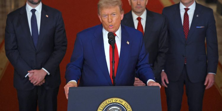 US President Donald Trump addresses the nation, alongside US Vice President JD Vance (L), US Secretary of State Marco Rubio (2nd R) and US Secretary of Defense Pete Hegseth (R), from the White House in Washington, DC on June 21, 2025, following the announcement that the US bombed nuclear sites in Iran. President Donald Trump said June 21, 2025 the US military has carried out a "very successful attack" on three Iranian nuclear sites, including the underground uranium enrichment facility at Fordo. "We have completed our very successful attack on the three Nuclear sites in Iran, including Fordow, Natanz, and Esfahan," Trump said in a post on his Truth Social platform. (Photo by Carlos Barria / POOL / AFP) (Photo by CARLOS BARRIA/POOL/AFP via Getty Images)