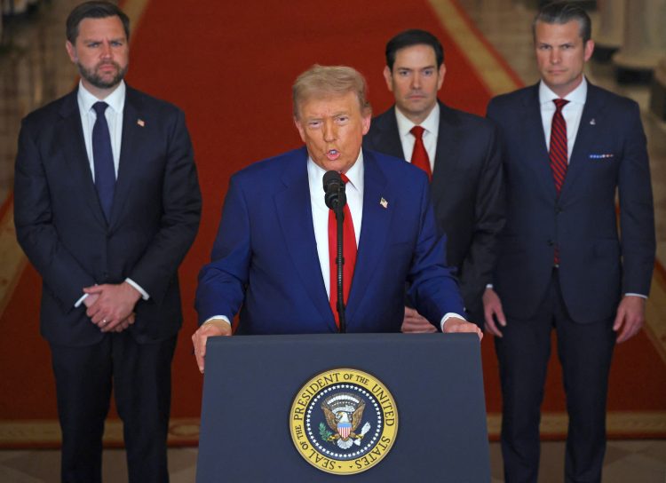 US President Donald Trump addresses the nation, alongside US Vice President JD Vance (L), US Secretary of State Marco Rubio (2nd R) and US Secretary of Defense Pete Hegseth (R), from the White House in Washington, DC on June 21, 2025, following the announcement that the US bombed nuclear sites in Iran. President Donald Trump said June 21, 2025 the US military has carried out a "very successful attack" on three Iranian nuclear sites, including the underground uranium enrichment facility at Fordo. "We have completed our very successful attack on the three Nuclear sites in Iran, including Fordow, Natanz, and Esfahan," Trump said in a post on his Truth Social platform. (Photo by Carlos Barria / POOL / AFP) (Photo by CARLOS BARRIA/POOL/AFP via Getty Images)