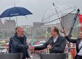 12 July 2025, Mecklenburg-Western Pomerania, Rostock: Christian Pegel (L-R), Interior Minister of Mecklenburg-Western Pomerania, and Alexander Dobrindt, German Minister of the Interior, under umbrellas at the opening press conference of the nationwide Civil Protection Day in the Hanseatic city's harbor. Photo: Bernd Wüstneck/dpa