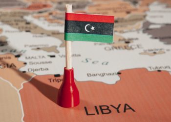 Libya flag on map of Libya