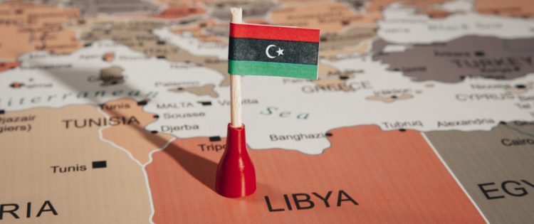 Libya flag on map of Libya