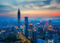 Aerial view of Tai Pei 101 Building at night.