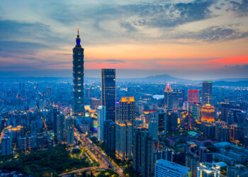 Aerial view of Tai Pei 101 Building at night.