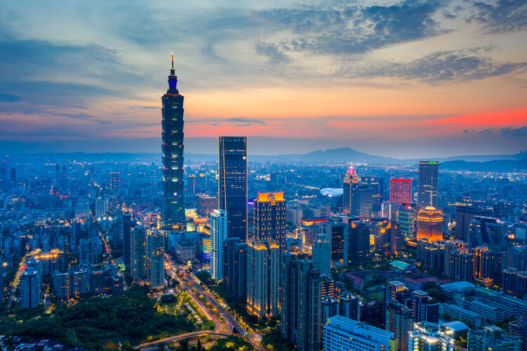 Aerial view of Tai Pei 101 Building at night.