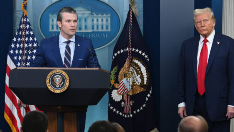 WASHINGTON, DC - JANUARY 30: U.S. President Donald Trump R looks on as U.S. Secretary of Defense Pete Hegseth speaks about the mid-air crash between American Airlines and a military helicopter at the White House on January 30, 2025 in Washington, DC. PUBLICATIONxNOTxINxCHN Copyright: xChinaxNewsxServicex 111545595705