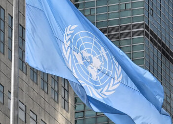 The photo shows the United Nations flag at the United Nations Headquarters in New York, USA, on September 23, 2025. ( The Yomiuri Shimbun via AP Images )