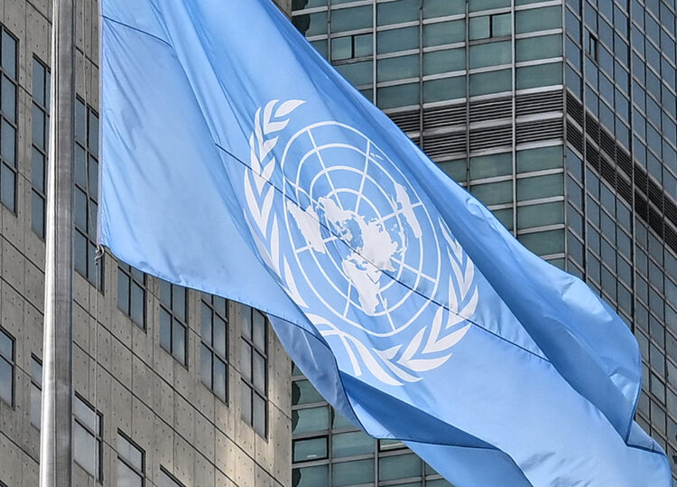 The photo shows the United Nations flag at the United Nations Headquarters in New York, USA, on September 23, 2025. ( The Yomiuri Shimbun via AP Images )