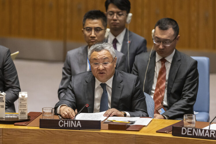 China's Permanent Representative to the United Nations, Fu Cong speaks at a United Nations Security Council meeting on the situation in the Middle East at United Nations Headquarters on Sunday, Aug. 10, 2025. (AP Photo/Stefan Jeremiah)