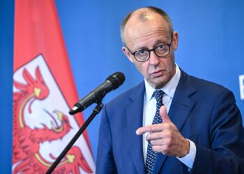 German Chancellor Friedrich Merz gives a statement in the State Chancellery of Brandenburg. Photo: Britta Pedersen/dpa