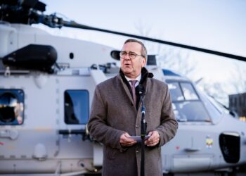 16 December 2025, Berlin: German Minister of Defense Boris Pistorius, speaks during the handover of the first new NH90 Sea Tiger helicopter to the German Navy at the German Ministry of Defense in Berlin. The Bundeswehr has ordered 31 of the new on-board helicopters, which can also be used in combat against submarines and ships. Photo: Christoph Soeder/dpa