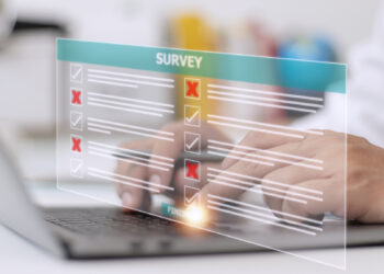 Survey form concept. Check marks on checklist and Filling online form or answering questions. Customer Experiences and satisfaction concept.