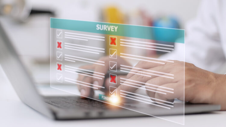 Survey form concept. Check marks on checklist and Filling online form or answering questions. Customer Experiences and satisfaction concept.