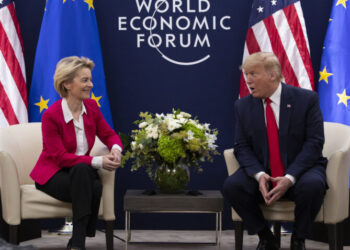 President Donald Trump meets with European Commission President Ursula von Der Leyen at the World Economic Forum, Tuesday, Jan. 21, 2020, in Davos, Switzerland. (AP Photo/ Evan Vucci)