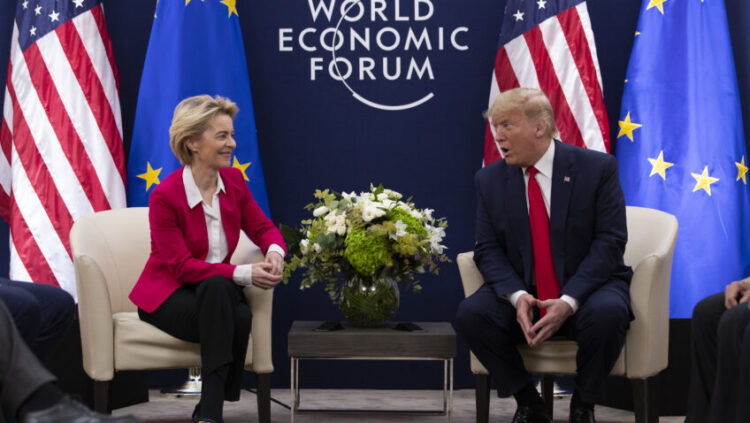 President Donald Trump meets with European Commission President Ursula von Der Leyen at the World Economic Forum, Tuesday, Jan. 21, 2020, in Davos, Switzerland. (AP Photo/ Evan Vucci)
