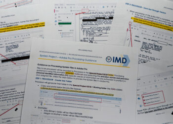 A document that was included in the U.S. Department of Justice release of the Jeffrey Epstein files, photographed Tuesday, Feb. 10, 2026, shows Department of Justice instructions for redacting Epstein files. (AP Photo/Jon Elswick)