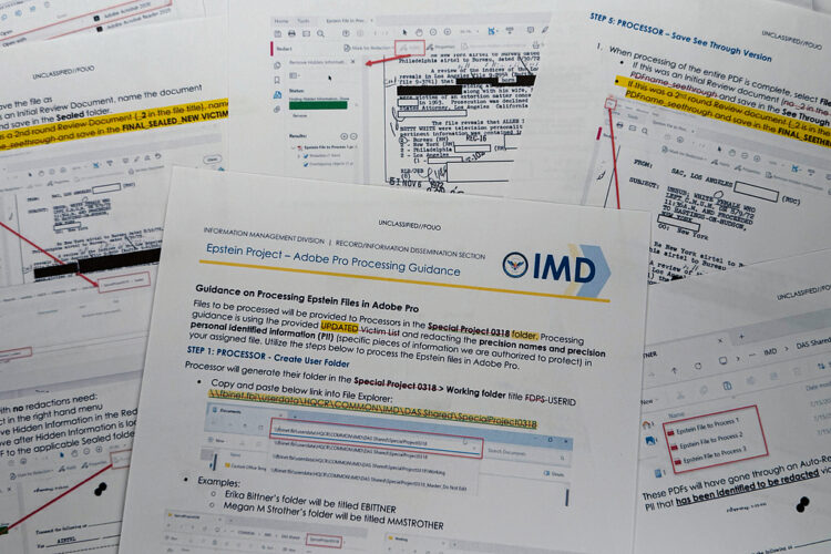 A document that was included in the U.S. Department of Justice release of the Jeffrey Epstein files, photographed Tuesday, Feb. 10, 2026, shows Department of Justice instructions for redacting Epstein files. (AP Photo/Jon Elswick)