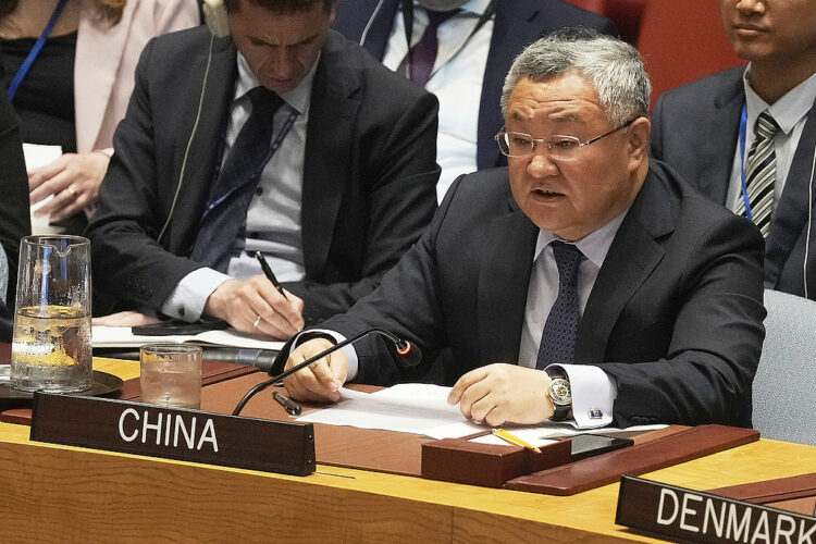 China UN Ambassador Fu Cong addresses a United Nations Security Council meeting, Friday, June 20, 2025. (AP Photo/Richard Drew)
