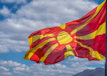 Mast pole with Macedonian national flag, Ohrid town, Northern Macedonia