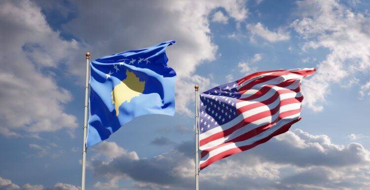 Beautiful national state flags of Kosovo and USA together at the sky background. 3D artwork concept.