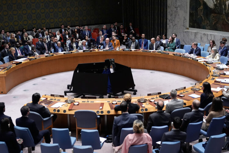 Members of the Security Council vote on a Russian sponsored resolution at United Nations headquarters, Wednesday, March 11, 2026. (AP Photo/Seth Wenig)
