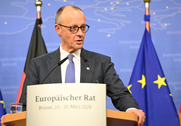 German Chancellor Friedrich Merz speaks during a press conference following the EU summit of heads of state and government. Photo: Markus Lenhardt/dpa