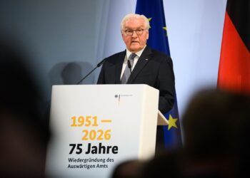 German President Frank-Walter Steinmeier speaks at the 75 years of the re-establishment of the German Foreign Office anniversary event at the German Foreign Office in Berlin. Photo: Bernd von Jutrczenka/dpa