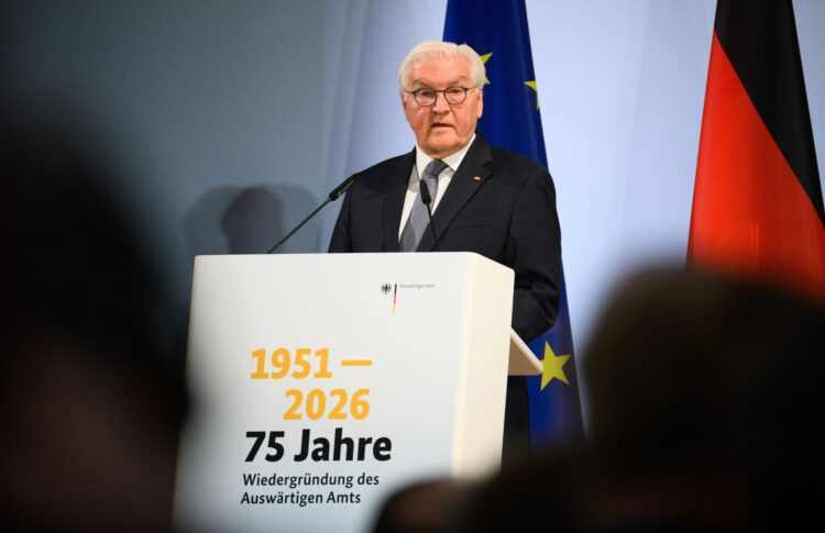 German President Frank-Walter Steinmeier speaks at the 75 years of the re-establishment of the German Foreign Office anniversary event at the German Foreign Office in Berlin. Photo: Bernd von Jutrczenka/dpa