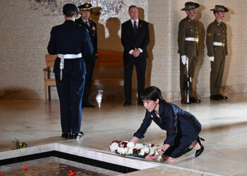 Japan's Prime Minister Sanae Takaichi lays a wreath at the Tomb of the Unknown Soldier during a visit to the Australian War Memorial in Canberra, Australia, Monday, May 4, 2026. (Lukas Coch/AAP Image via AP)