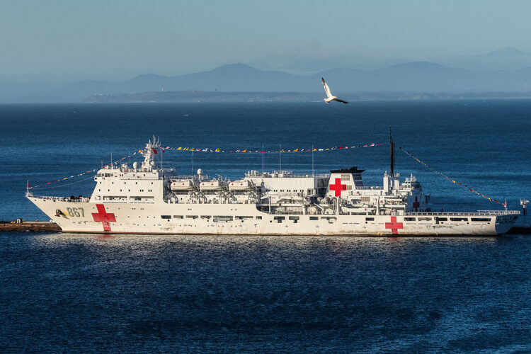 VALPARAISO, CHILE - 2026/03/02: The Chinese hospital ship Silk Road Ark seen docked at the pier. According to the Ministry of Health, it lacks authorization for medical operations. (Photo by Cristobal Basaure Araya/SOPA Images/LightRocket via Getty Images)