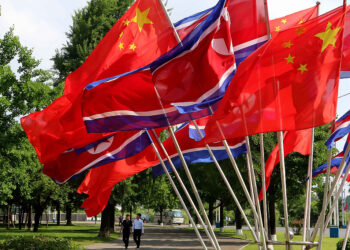 A street is decorated with the flags of China and North Korea in Pyongyang, on Monday, June 8, 2026. (AP Photo/Jon Chol Jin)