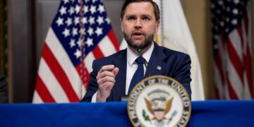 WASHINGTON, DC - MAY 26: U.S. Vice President JD Vance speaks during a roundtable discussion in the Eisenhower Executive Office Building on the White House Campus on May 26, 2026 in Washington, DC. Vance is hosting a roundtable on anti-fraud initiatives with Federal Trade Commission (FTC) Chair Andrew Ferguson and state attorneys general. (Photo by Andrew Harnik/Getty Images)