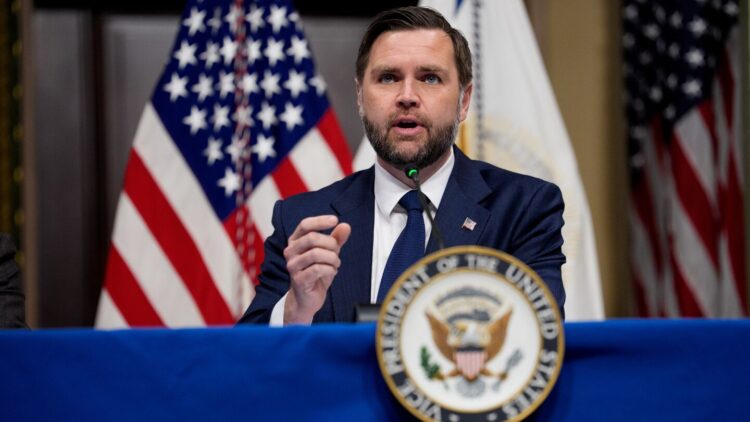 WASHINGTON, DC - MAY 26: U.S. Vice President JD Vance speaks during a roundtable discussion in the Eisenhower Executive Office Building on the White House Campus on May 26, 2026 in Washington, DC. Vance is hosting a roundtable on anti-fraud initiatives with Federal Trade Commission (FTC) Chair Andrew Ferguson and state attorneys general. (Photo by Andrew Harnik/Getty Images)