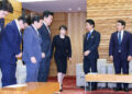 Japanese Prime Minister Sanae Takaichi, center, attends a cabinet meeting at her office in Tokyo on August 4, 2026. ( The Yomiuri Shimbun via AP Images )