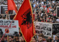 Kosovo Albanian students gather during a rally after Kosovo's former president Hashim Thaci was sentenced to 25 years in prison for war crimes by a tribunal in The Hague, in Pristina, on September 21, 2026. The Kosovo Specialist Chambers ruled on September 16, 2026 that Thaci and three other former Kosovo Liberation Army (KLA) leaders guilty of illegal arrests, torture, murder and cruel treatment of people during the 1998-1999 war for independence from Serbia. (Photo by Armend NIMANI / AFP via Getty Images)