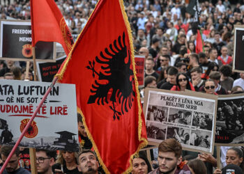 Kosovo Albanian students gather during a rally after Kosovo's former president Hashim Thaci was sentenced to 25 years in prison for war crimes by a tribunal in The Hague, in Pristina, on September 21, 2026. The Kosovo Specialist Chambers ruled on September 16, 2026 that Thaci and three other former Kosovo Liberation Army (KLA) leaders guilty of illegal arrests, torture, murder and cruel treatment of people during the 1998-1999 war for independence from Serbia. (Photo by Armend NIMANI / AFP via Getty Images)