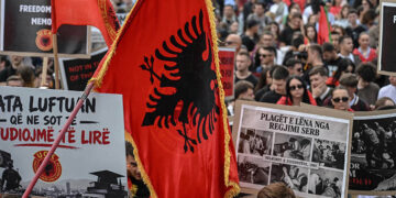 Kosovo Albanian students gather during a rally after Kosovo's former president Hashim Thaci was sentenced to 25 years in prison for war crimes by a tribunal in The Hague, in Pristina, on September 21, 2026. The Kosovo Specialist Chambers ruled on September 16, 2026 that Thaci and three other former Kosovo Liberation Army (KLA) leaders guilty of illegal arrests, torture, murder and cruel treatment of people during the 1998-1999 war for independence from Serbia. (Photo by Armend NIMANI / AFP via Getty Images)
