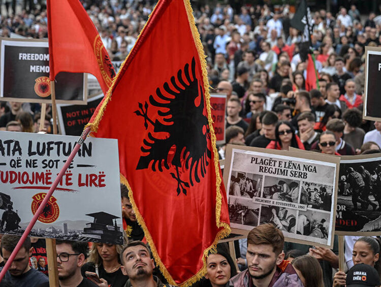 Kosovo Albanian students gather during a rally after Kosovo's former president Hashim Thaci was sentenced to 25 years in prison for war crimes by a tribunal in The Hague, in Pristina, on September 21, 2026. The Kosovo Specialist Chambers ruled on September 16, 2026 that Thaci and three other former Kosovo Liberation Army (KLA) leaders guilty of illegal arrests, torture, murder and cruel treatment of people during the 1998-1999 war for independence from Serbia. (Photo by Armend NIMANI / AFP via Getty Images)