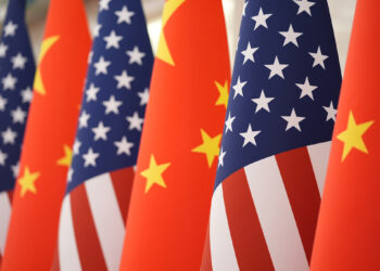 The U.S. and Chinese flag at the Great Hall of the People prior to the state dinner of President Donald Trump and Chinese President Xi Jinping on Thursday May 14, 2026, in Beijing. (AP Photo/Mark Schiefelbein)
