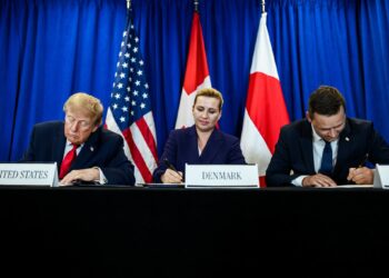 President Donald J. Trump participates in a trilateral signing ceremony with Prime Minister Mette Frederiksen of Denmark and Prime Minister Jans-Frederik Nielsen of Greenland, Tuesday, September 22, 2026, at United Nations Headquarters in New York City. (Official White House Photo by Daniel Torok)