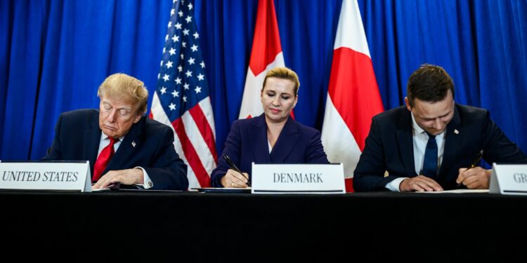 President Donald J. Trump participates in a trilateral signing ceremony with Prime Minister Mette Frederiksen of Denmark and Prime Minister Jans-Frederik Nielsen of Greenland, Tuesday, September 22, 2026, at United Nations Headquarters in New York City. (Official White House Photo by Daniel Torok)